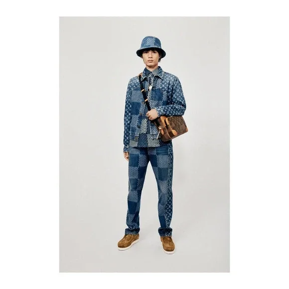 Louis Vuitton Nigo Blue Monogram Giant Wave Denim Logo Sun Bucket Hat M 58cm